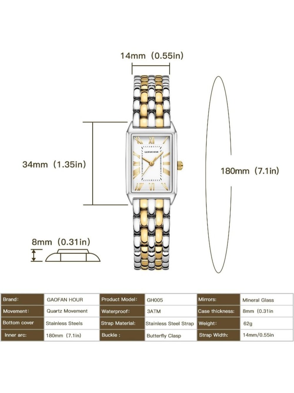 Women's Silver Gold Vintage Rectangular Case Stainless Steel Band Wrist Watches - Picture 4 of 6